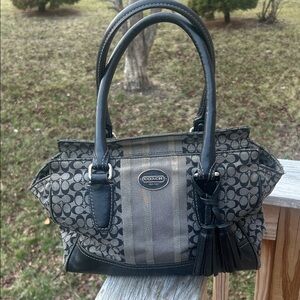 COACH legacy Signature  stripe Candace carryall tote in grey and black